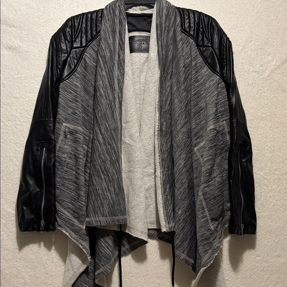 Blank NYC Faux‎ Leather Drape Front Jacket Gray Knit w/Black Sleeves